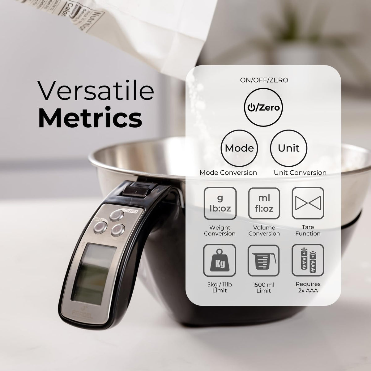 Fradel Digital Kitchen Food Scale with Bowl - 11lb, Grams & Ounces - Removable, Dishwasher-Safe Mixing Bowl - Black