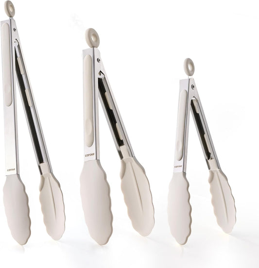 CAROTE Tongs for Cooking 428ºF Heat Resistant Locking Stainless Steel Kitchen Tongs with Non Scratch Silicone Tips, Perfect for Nonstick Cookware, BBQ Tongs Set of 3 (7"+9"+12")