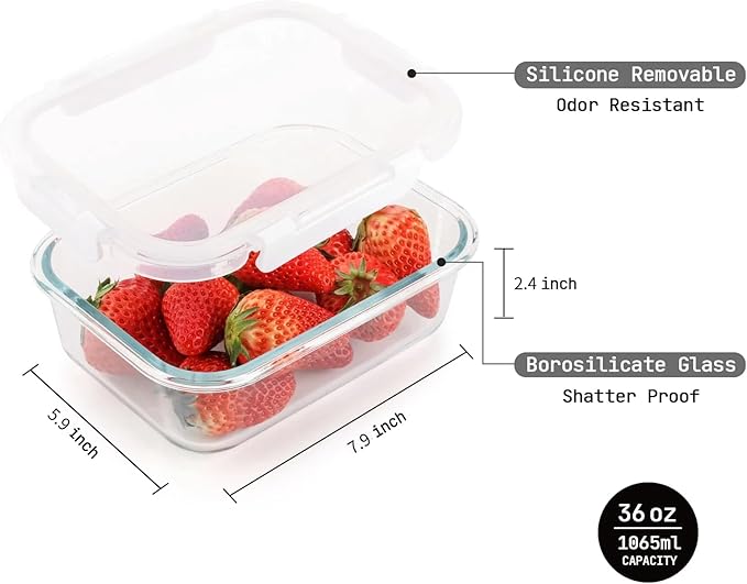5 Pack 36 Oz Glass Meal Prep Containers with Lids, Reusable Glass Food Storage Containers with Lids, Leak Proof, Microwave, Oven, Freezer and Dishwasher Safe (White)