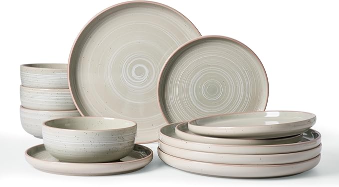 Famiware Meteor Plates and Bowls Sets for 4, 12 Pieces Dinnerware Sets, Microwave and Dishwasher Safe Dishes Set, Matcha Green