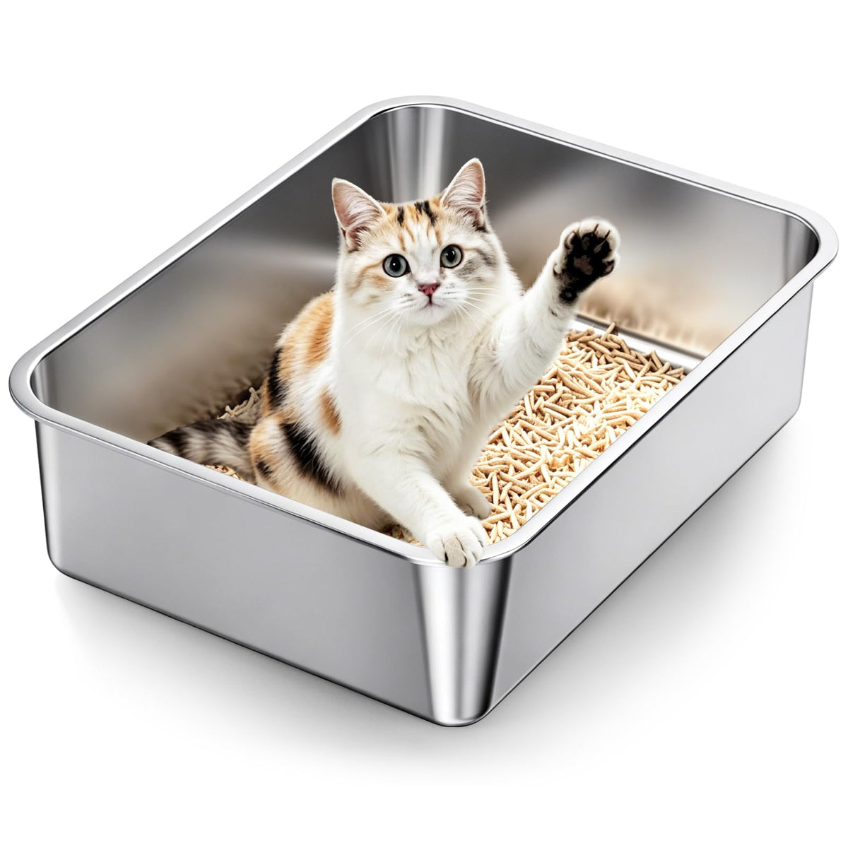 OneBug Stainless Steel High Sides Cat Litter Box,Medium