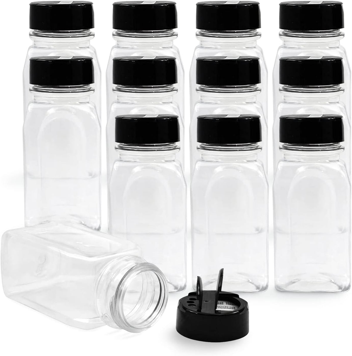 RoyalHouse 6 Pack 9.5 Oz Plastic Spice Jars with Black Cap, Clear and Safe Plastic Bottle Containers with Shaker Lids for Storing Spice, Herbs and Seasoning Powders, BPA Free, Made in USA