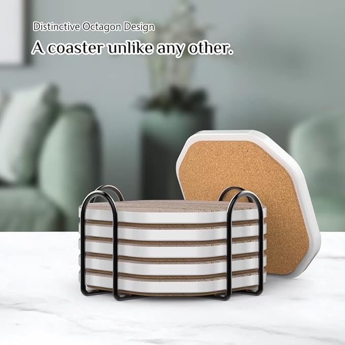 UMIRRO Stone Coasters for Drinks Absorbent for Wooden Coffee Table, Ceramic Stoneware Cup Coasters with Holder for Cold Beer or Hot Tea, Condensation Absorbing, Sandstone Style, Thirsty-Clay, 6 Pack