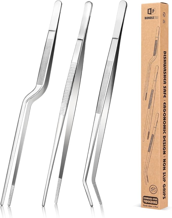 Fine Cooking Tweezers Set, Professional Stainless Steel Food Tongs, Kitchen Black Long Chef Tweezer for Cooking, Plating, Decorating and BBQ (SILVER, 12 inch)