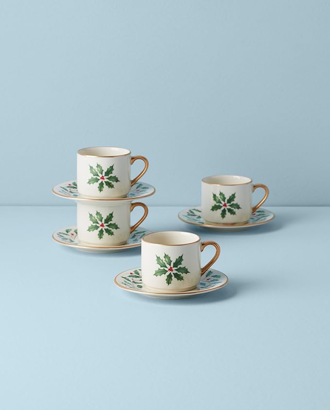 Lenox 894178 Holiday 4-Piece Espresso Cup & Saucer Set, Christmas Dinnerware, Hosting