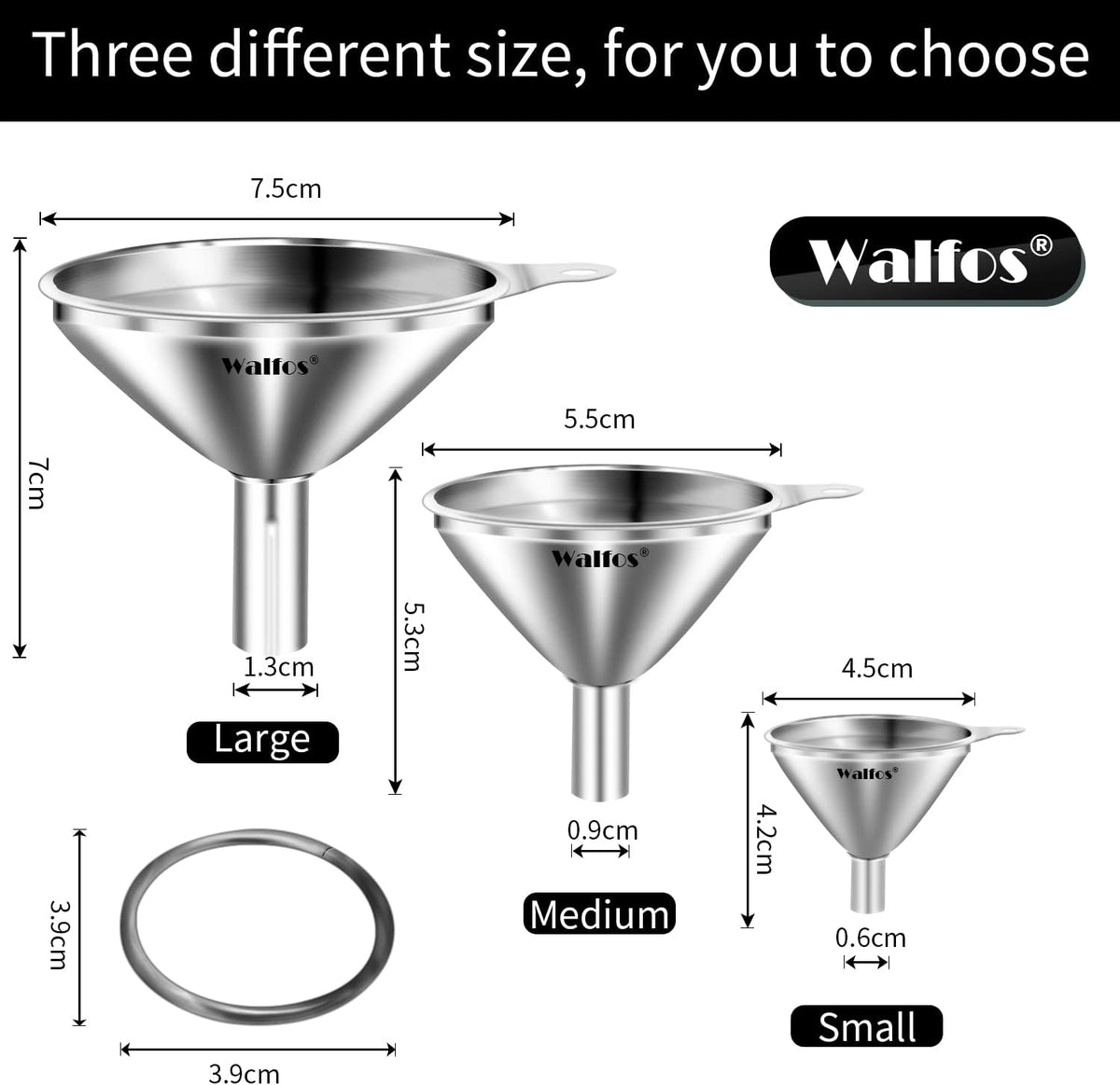 WALFOS Mini Stainless Steel Funnels, Multi-use Small Kitchen Funnel Set, for Transferring Liquid, Fluid, Essential Oils, Powder,Tiny Spices,Long-Lasting and Dishwasher Safe (3 in、2.2 in、1.7in)