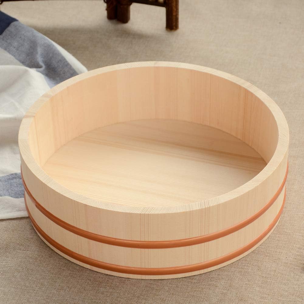 Kichgather 10.6 Inch Wooden Sushi Rice Bowl Hangiri Sushi Oke Rice Mixing Tub