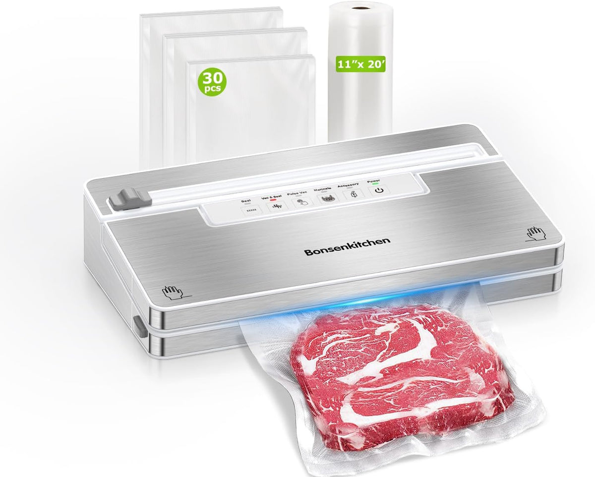 Bonsenkitchen Vacuum Sealer Machine, Stainless Steel Food Sealer Vacuum Sealers with 30 Bags & 1 Roll, 5 Food Vacuum Modes, Built-in Cutter & Bag Storage (White Silver)