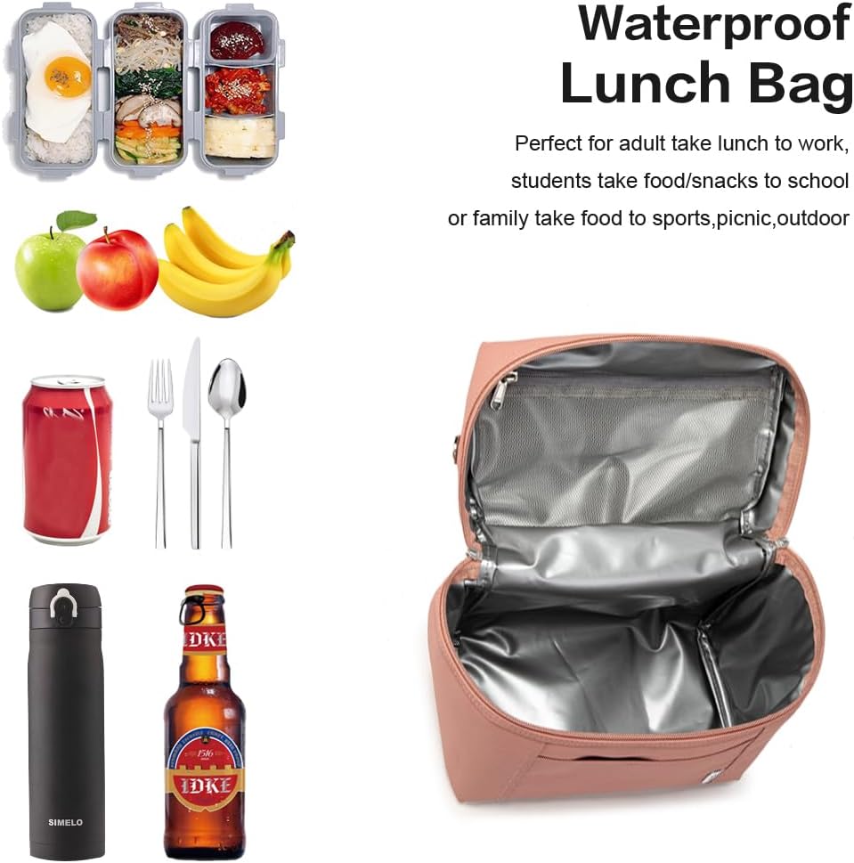 NOL Natural Organic Lifestyle Insulated Lunch Bags for Women Cooler Bag Lightweight Nylon Waterproof Lunch Box For Work (Dark Pink, Medium(normal))