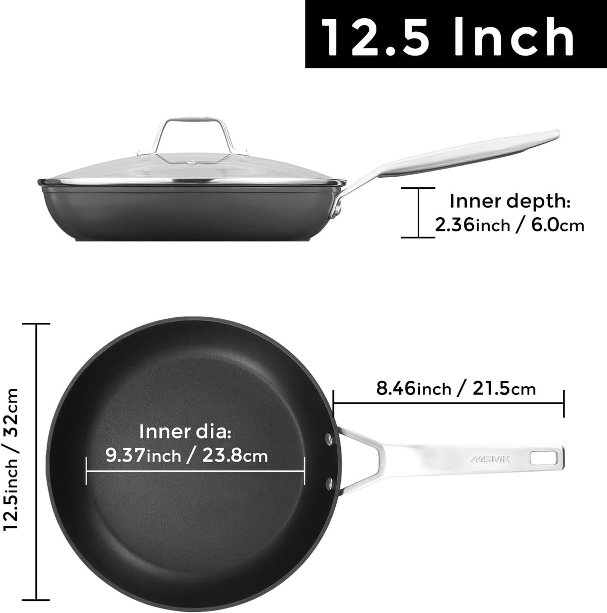 MsMk 12 1/2 inch Non Stick Frying Pan with Lid,Titanium and Ceramic Nonstick Large Skillet，Stay-Cool Handle,Scratch-resistant,Non-Toxic,Induction，Dishwasher Safe, Oven Safe to 700°F