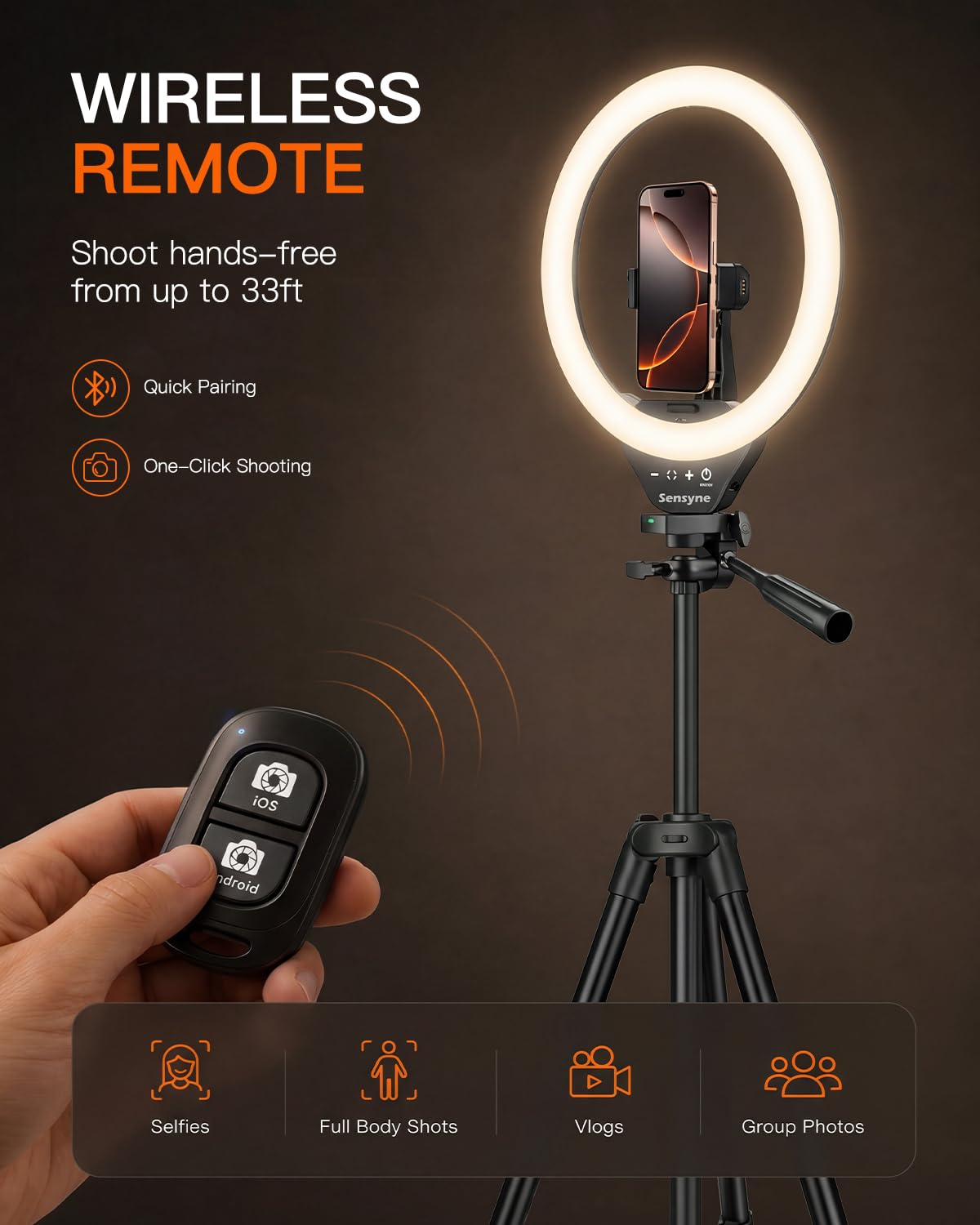 SENSYNE Ring Light with Stand, 50" Phone Tripod with Wireless Remote