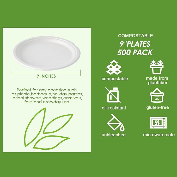 Vplus 500 Pack Paper Plates 9 inch 100% Compostable, Heavy-Duty Disposable Paper Plates Bagasse Natural Biodegradable Eco-Friendly Sugarcane（White）