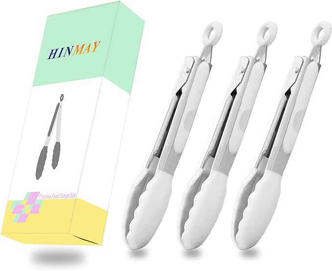 Mini Tongs with Silicone Tips 7-Inch Serving Tongs, Set of 3 (White)