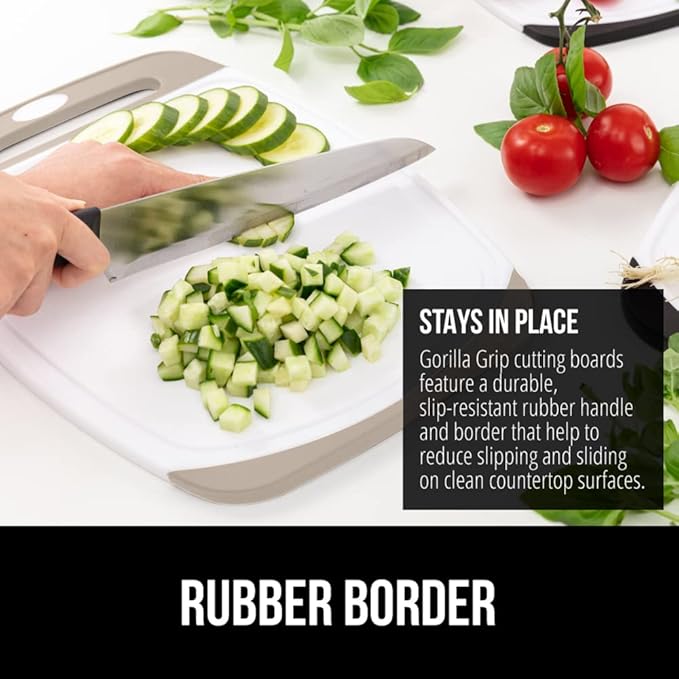 GORILLA GRIP BPA-Free Reversible Kitchen Cutting Board Set of 3, US Designed, Nonporous, Juice Grooves Catch Liquid, Slip Resistant Border, Dishwasher Safe, Durable Large Food Chopping Boards, Almond