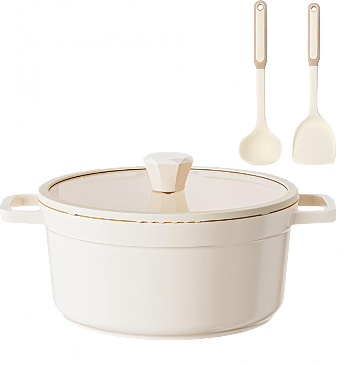 5QT Ceramic Nonstick Dutch Oven Pot with Glass Lid - Nonstick Induction StockPot with Lid Soup Ladle Spatula Healthy Cooking PFAS and PTFE Free