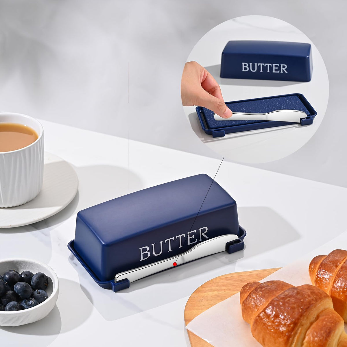 Butter Dishes With Lid And Stainless Steel Knife,Food Grade Plastic Butter Holder For Countertop,Blue Cheese Storage Keeper Container