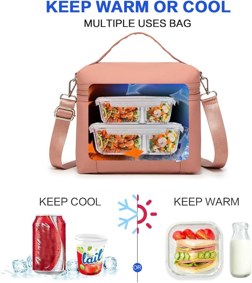 NOL Natural Organic Lifestyle Insulated Lunch Bags for Women Cooler Bag Lightweight Nylon Waterproof Lunch Box For Work (Dark Pink, Medium(normal))