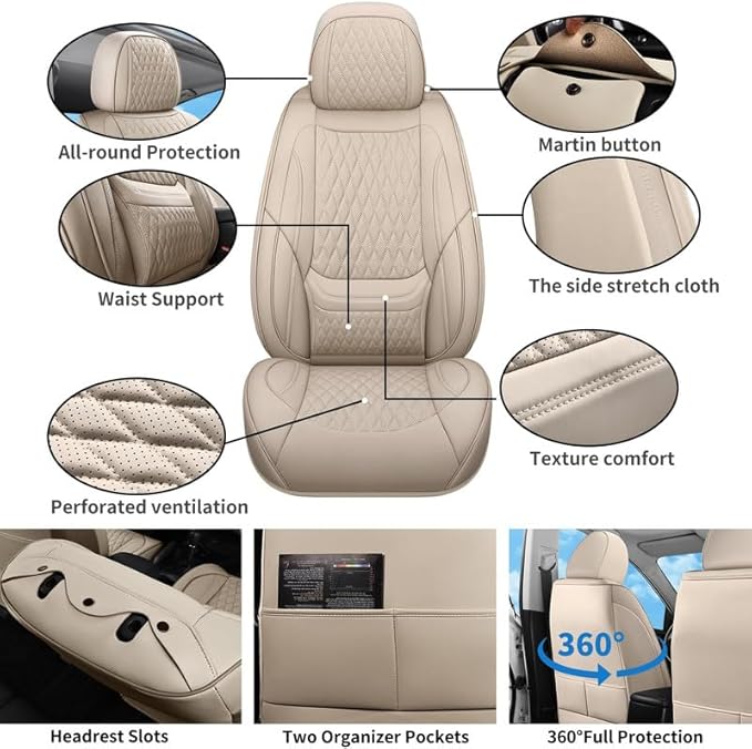 Front Seat Car Seat Covers Custom Fit for Ford Edge 2007-2026 - Premium Faux Leather with Lumbar Support | Breathable, Waterproof, Anti-Slip, Durable (Beige,Front Seat)
