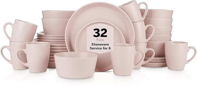 Stone Lain Albie Stoneware 32-Piece Modern Dinnerware Set, Kitchen Plates and Bowls Sets, Dish Set for 8, Pink