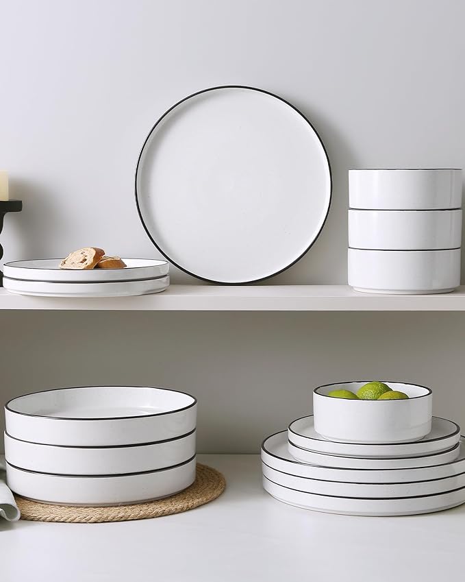 Famiware Nebula Plates and Bowls Set, 24 Pieces Dinnerware Sets, Dishes Set for 8, White with Black Rim