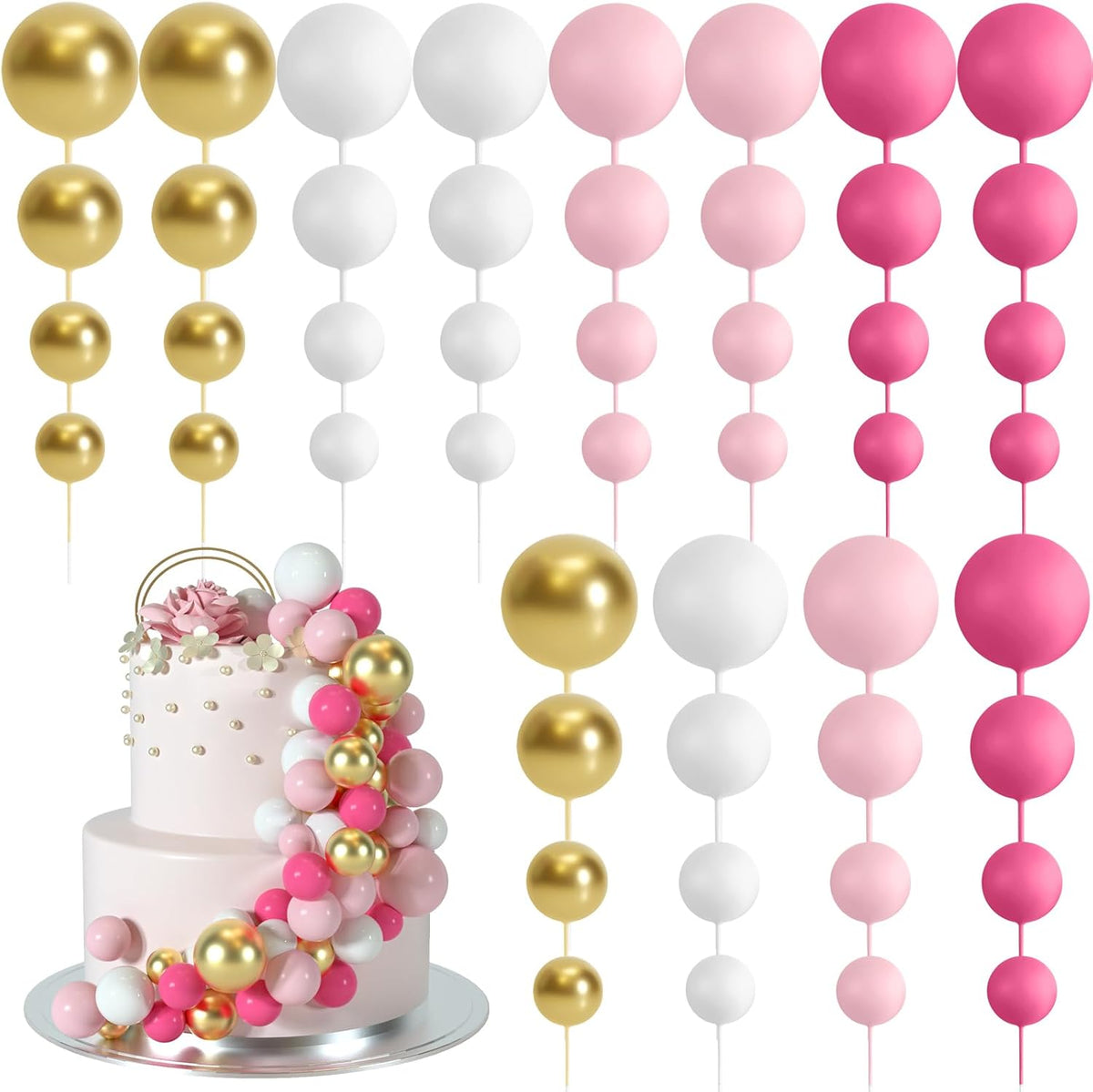 48 Pcs Balls Cake Topper Decorations Balloon Cupcake Toppers Foam Cake Topper Balls Cake Balls Decorations for Birthday Party Wedding Anniversary Cake Decorating (Rose Red, Pink, White, Gold)