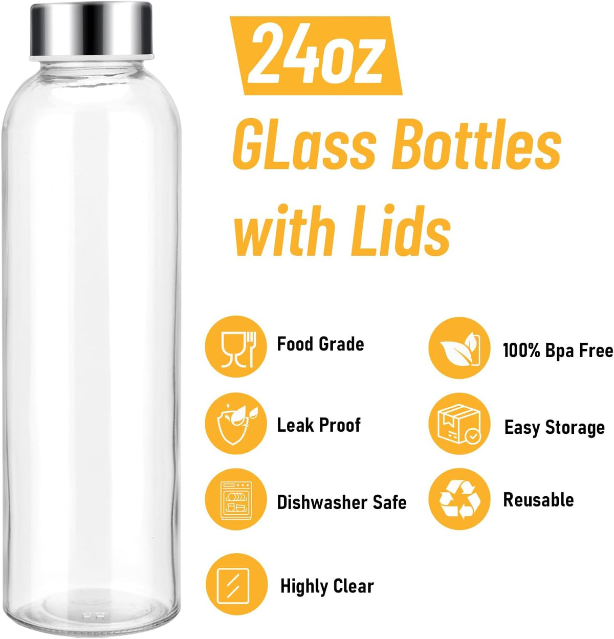 Sursip 24oz Glass Water Bottle Set of 10, Leak Proof Clear glass juice bottle for juicing, Reusable Drinking Bottles with Stainless Steel Lid, Beverage Storage Containers for Refrigerator-BPA Free