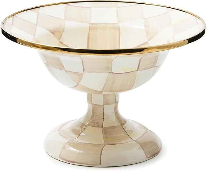 MACKENZIE-CHILDS Enamel Compote, Cute Enamel Pedestal Serving Dish or Decorative Bowl, Small, Brown-and-White Mocha Check