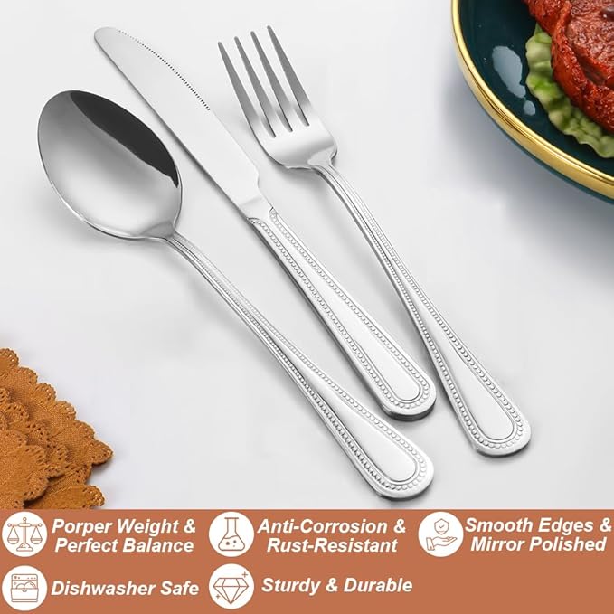 40 Pcs Silverware Set for 8 with Pearled Edge Handle design, Food Grade Stainless Steel Flatware Set, Eating Utensils Sets Include Fork/Knife/Spoon, Reusable Cutlery Set, Dishwasher Safe