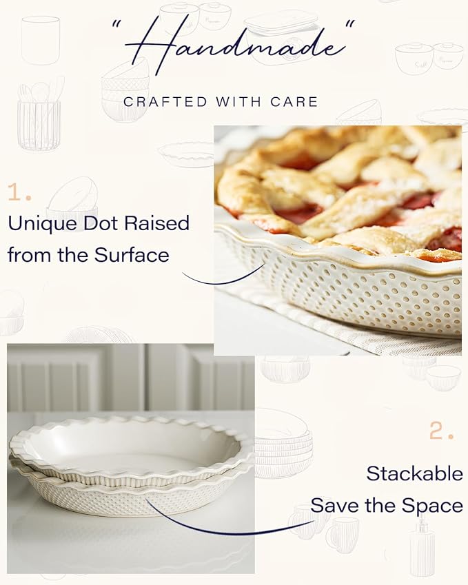 getstar Ceramic Pie Pan Set of 2, 9 inch Pie Dish for Baking, Non-Stick, Oven & Dishwasher Safe, Farmhouse Decor Quiche Baking Dish, Pie Plate, Deep Dish Pie Pan (Embossed Stripes+Dots)