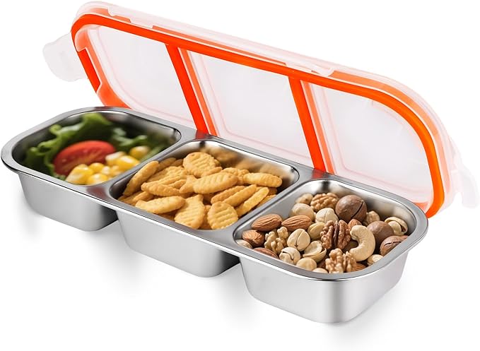 Stainless Steel Snackle Container For Adults, Reusable Bento Lunch Box Snack Containers,3 Compartment Divided Food For Home Work Travel