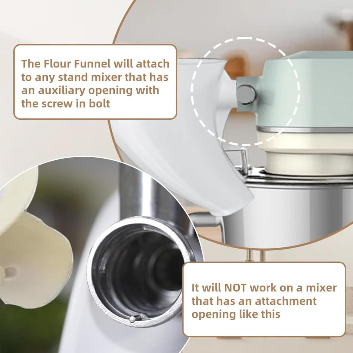 Flour Funnel for Kitchen Aid Mixer – Stand Mixer Attachment for KSM150 5-Quart Tilt-Head, Easy-Pour No-Mess Baking Tool, Fits Flour, Sugar & Egg Liquid, Dishwasher-Safe (White)