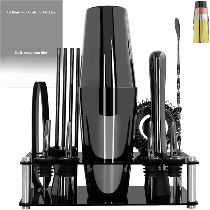 Professional Cocktail Shaker Set with Stand Cocktail Recipes, 15-Piece 750/600ml Bartender Kit, Bar Sets Bartending Kit Bar Tool Set 25/20oz Boston Shakers, Jigger, Muddler (Black)