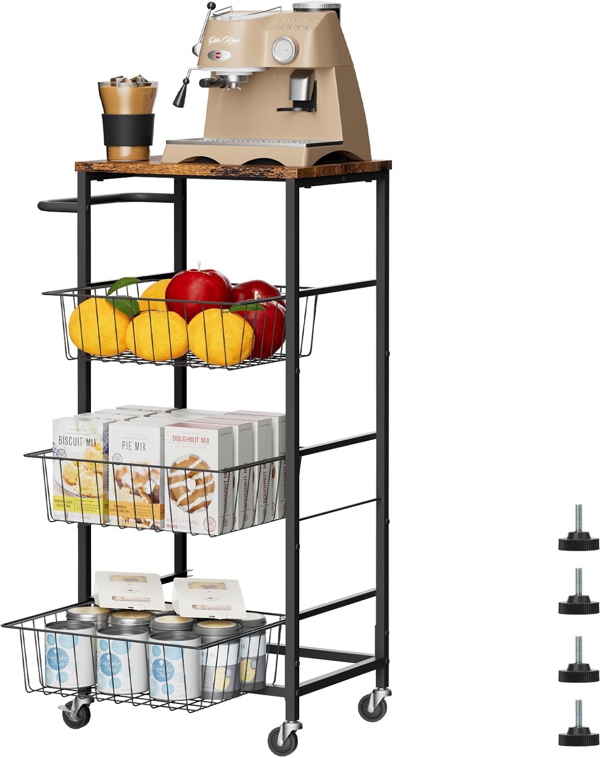 4 Tier Rolling Storage Cart, Kitchen Utility Storage Cart with Pull-Out Fruit Baskets, Mobile Pantry Cart with Wheels, Kitchen, Bathroom, Brown