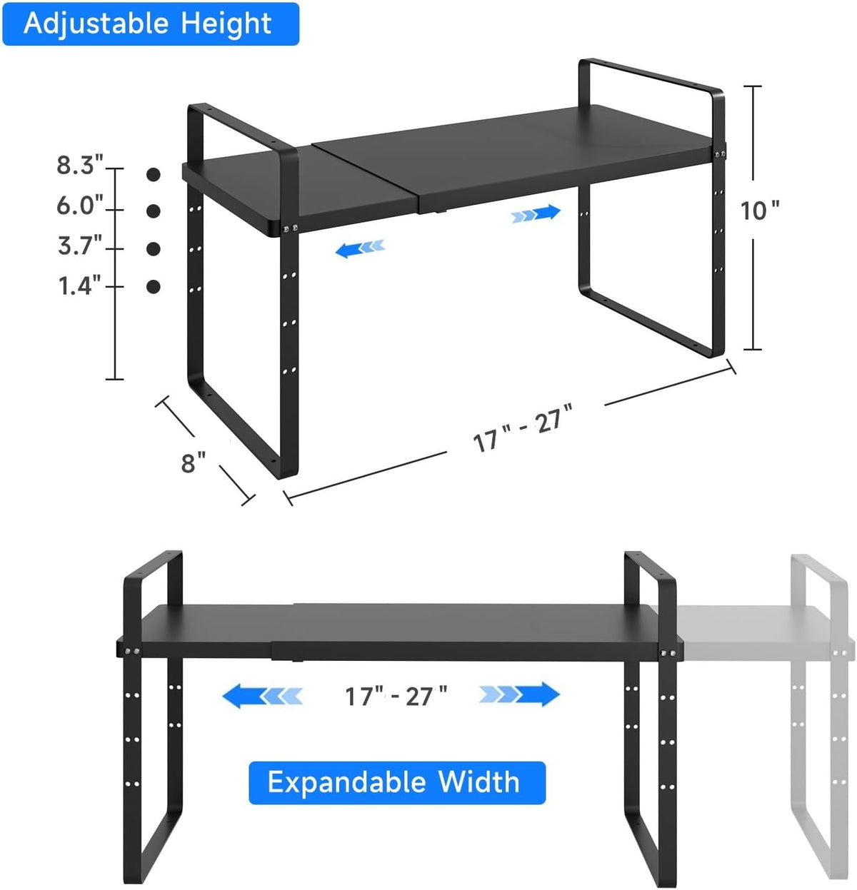Expandable Cabinet Shelf Organizer, Stackable Kitchen Pantry Counter Storage, Adjustable Closet Cupboard Stand Rack Risers Spice Organization 80LBS Heavy Duty Black Small 1 Pack