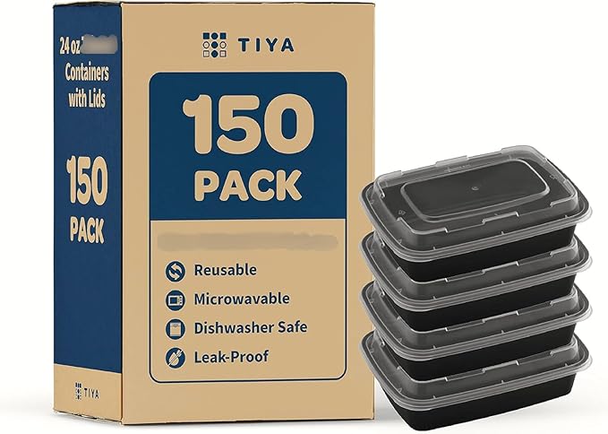 TIYA Food Containers - 24 oz Bulk 150 Pack with Lids - Rectangular Plastic To-Go Containers - Reusable, Microwavable, Dishwasher Safe - Leak-Proof for Meal Prep - BPA-Free