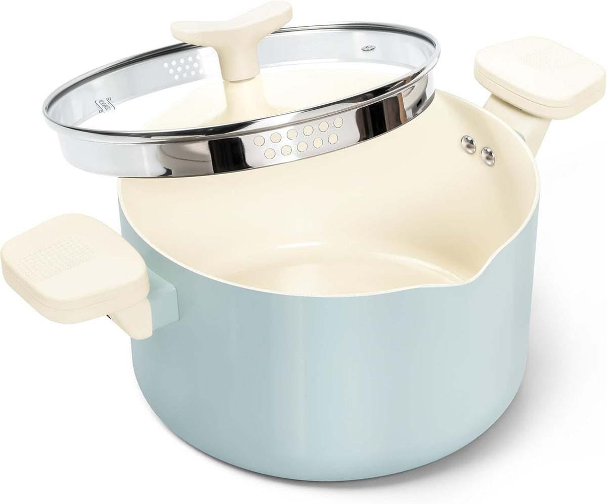 MICHELANGELO Pasta Pot with Strainer Lid - 6 Quart Cooking Pot with Lid, Non Stick Spaghetti Pot Ceramic Coated with Twist and Lock Handles for Easy Draining, Induction Compatible, Soft Aqua