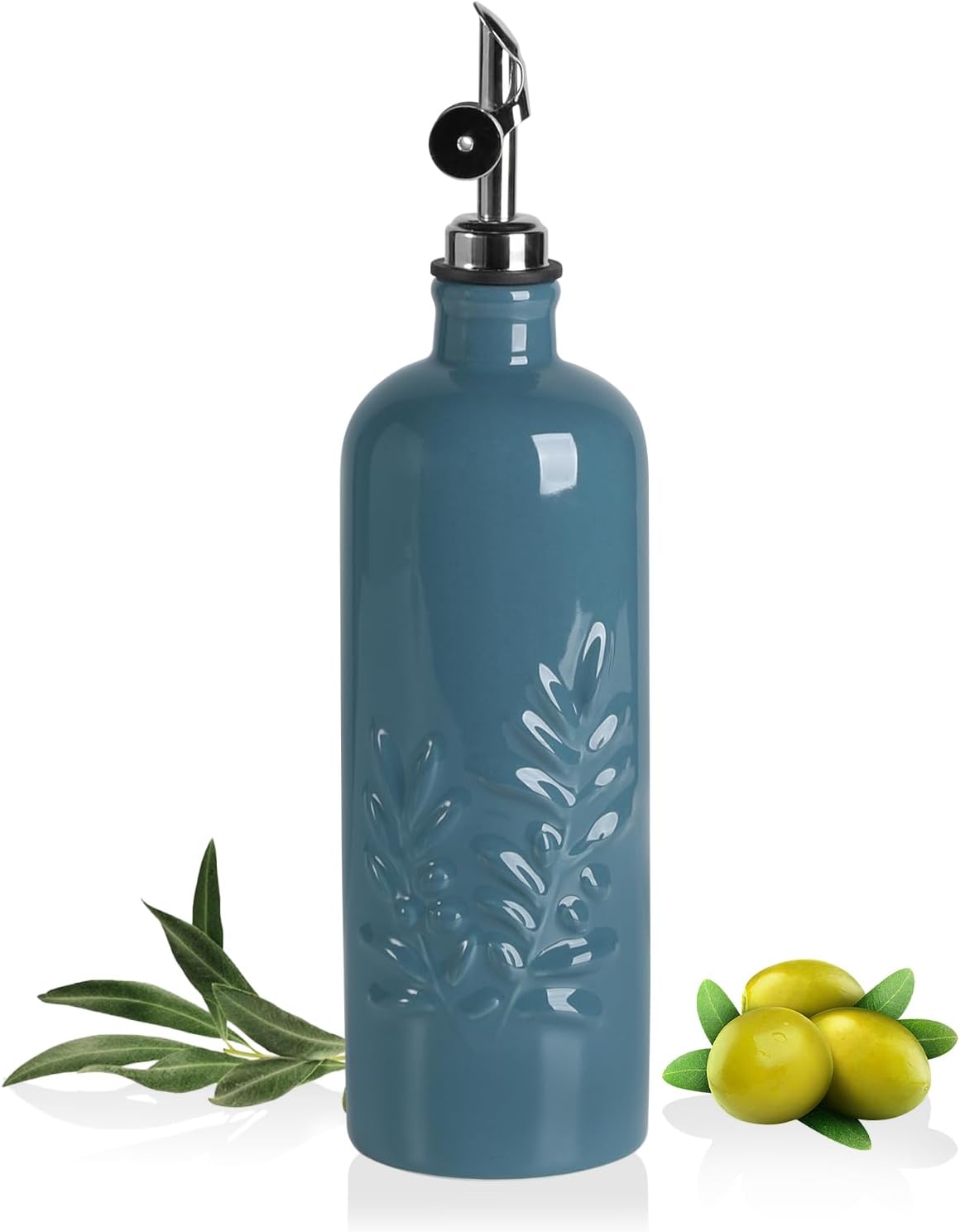 Sweejar 18 Oz Oil Dispenser for Kitchen with Gravity Spout, Ceramic Olive Oil Dispenser Bottle, Relief Opaque Vinegar Container for Evoo, Vinegar, Soy Sauce, Pack of 1(Fogblue, Silver Spout)