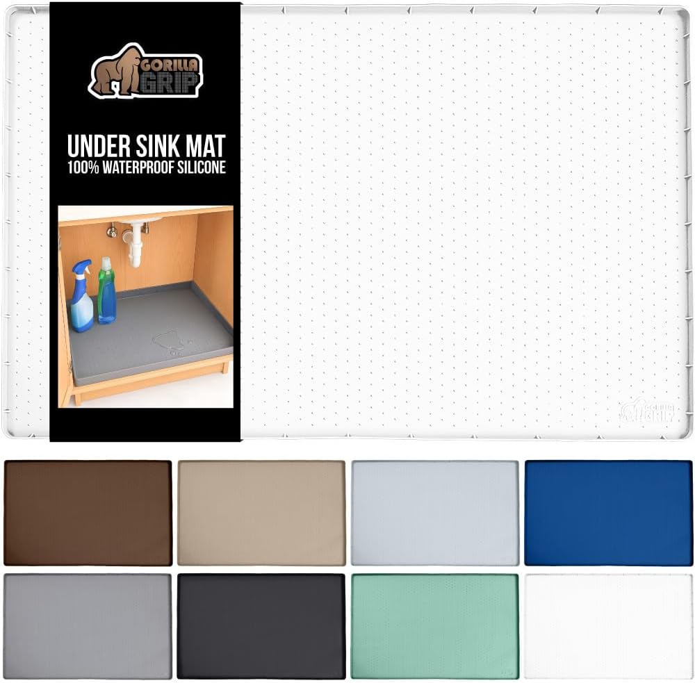 GORILLA GRIP Waterproof Silicone Under Sink Mat with Raised Lip for Kitchen and Bathroom, Cabinet Shelf Liner Stay in Place Mats Dishwasher Safe Drawer Liner, Organizer Tray, 19 x 34 in, White