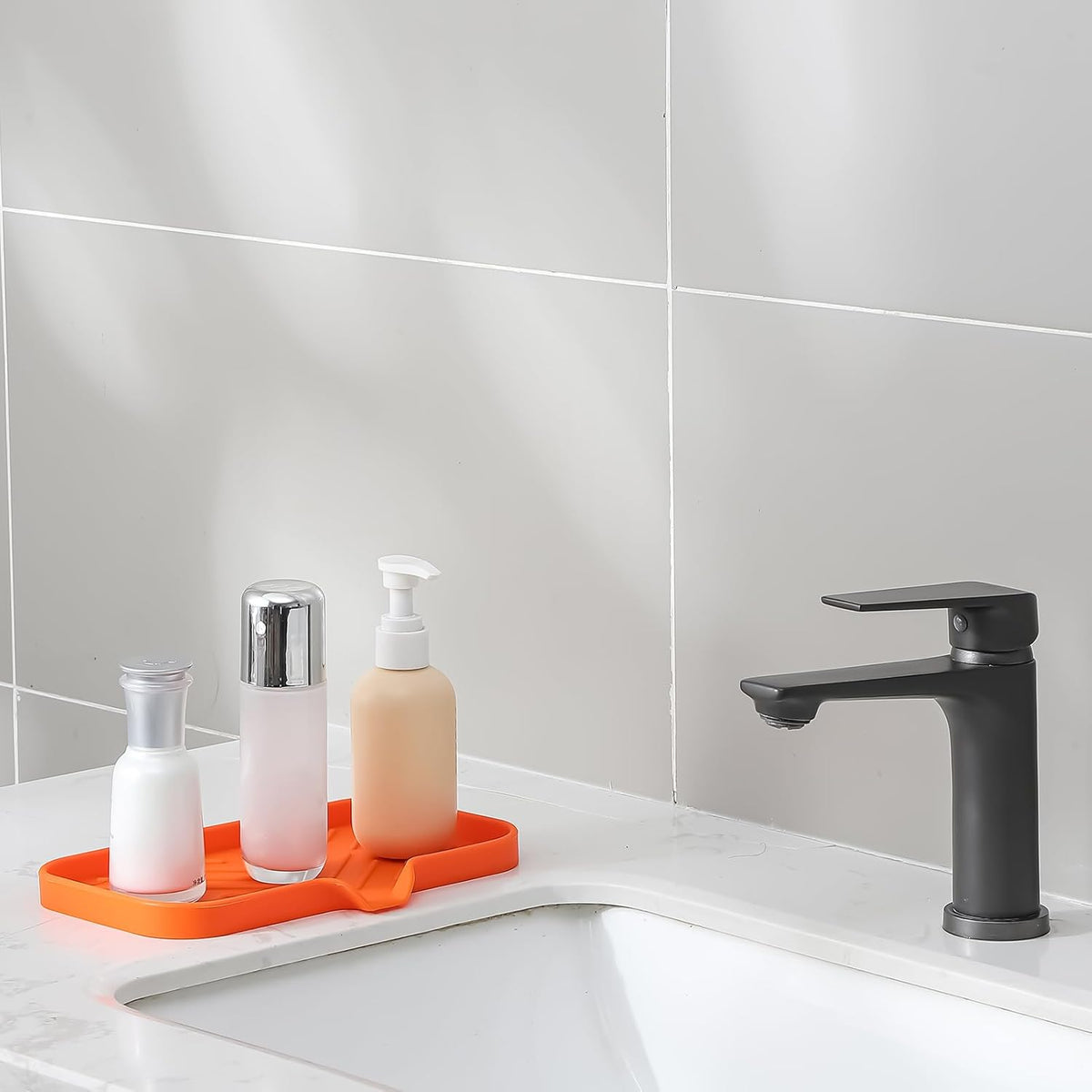 Silicone Bathroom Soap Dishes with Drain Spout-Bathroom and Kitchen Sink Organizer,Sponge Holder,Dish Soap Tray,Perfect for Dispenser,Scrubber,Bottle,Cup on Sink or Counter-Orange 9.6"×5.3"