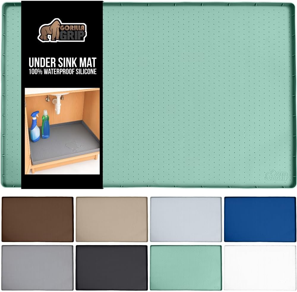 GORILLA GRIP Waterproof Silicone Under Sink Mat with Raised Lip for Kitchen and Bathroom, 46 x 22 in, Cabinet Shelf Liner Stay in Place Mats Dishwasher Safe Drawer Liner, Organizer Tray, Mint