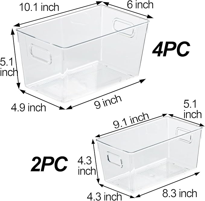 6pcs Plastic Storage Bin 2-Size Clear Storage Containers for Kitchen Pantry Organization and Storage Bins, Organizing Bins with Built in Handles, Cabinet Organizers, Clear