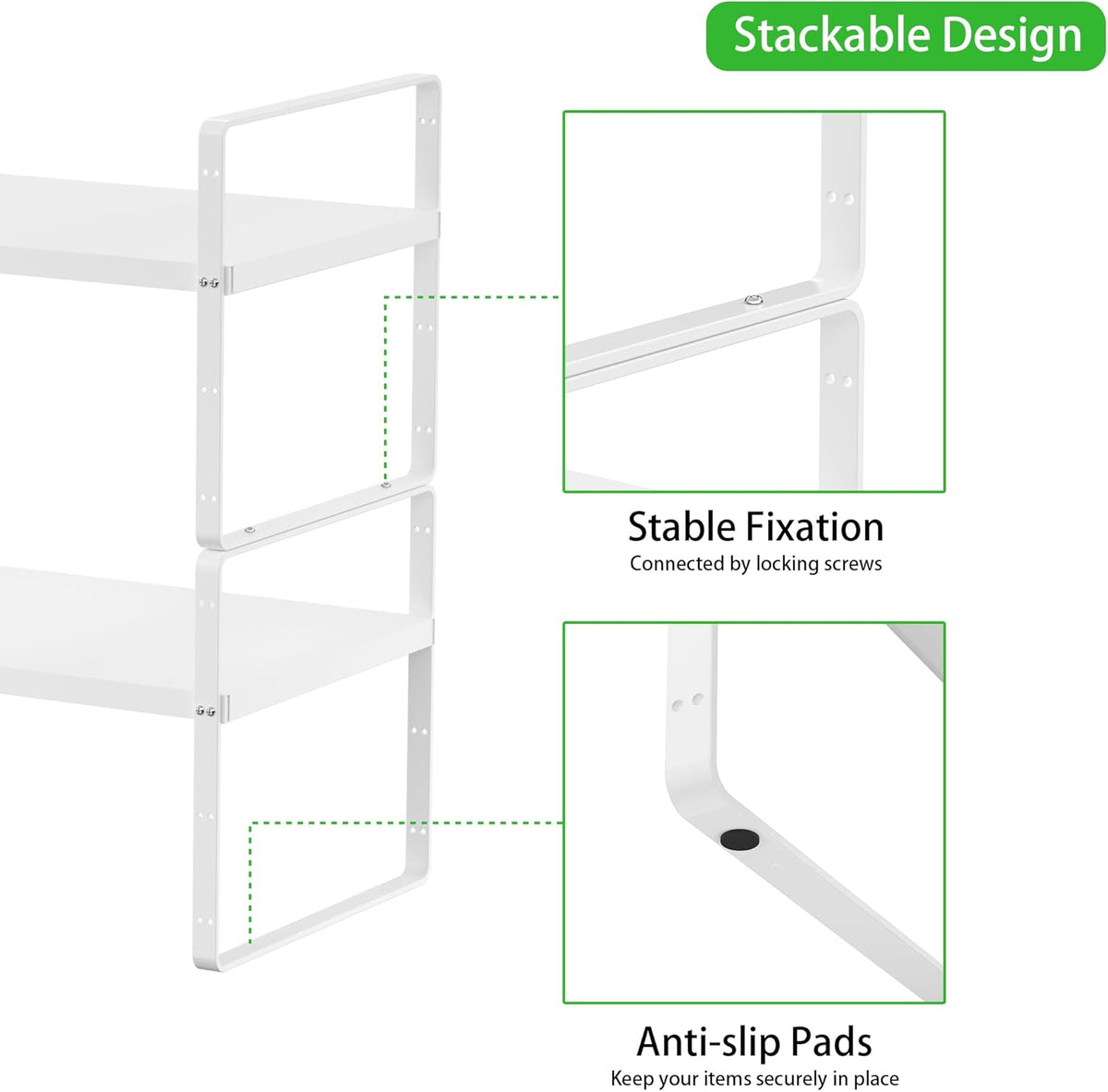 Expandable Cabinet Storage Shelf Stackable Organizer Rack for Kitchen Bathroom Pantry Spice Cupboard Countertop Home Office Desk Heavy Duty Nonslip White Large 3 Pack