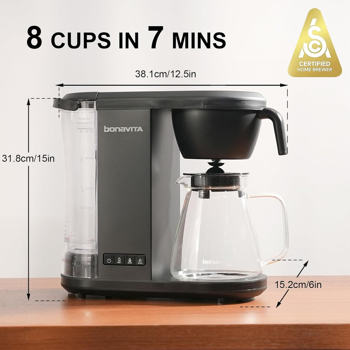 Bonavita Enthusiast 8 Cup Drip Coffee Brewer, Pour Over, SCA Certified Coffee Machine with Glass Carafe, Stainless Steel Panel, Removable Reservoir, Matte Black