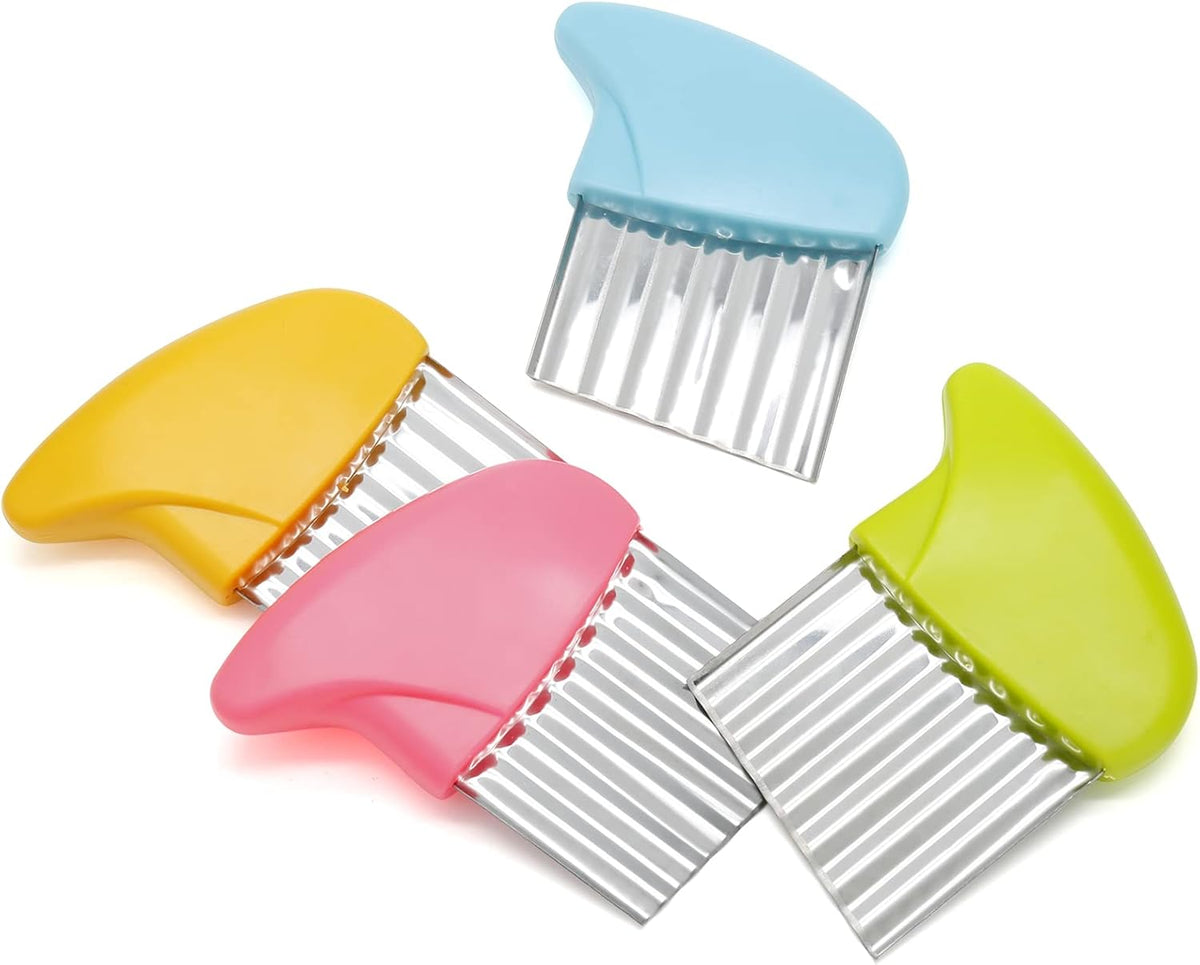 Luomorgo 4 Pack Stainless Steel Potato Crinkle Cutter Carrot Wavy Knife French Fry Slicer Vegetable Wavy Chopper, Green & Pink & Blue & Yellow
