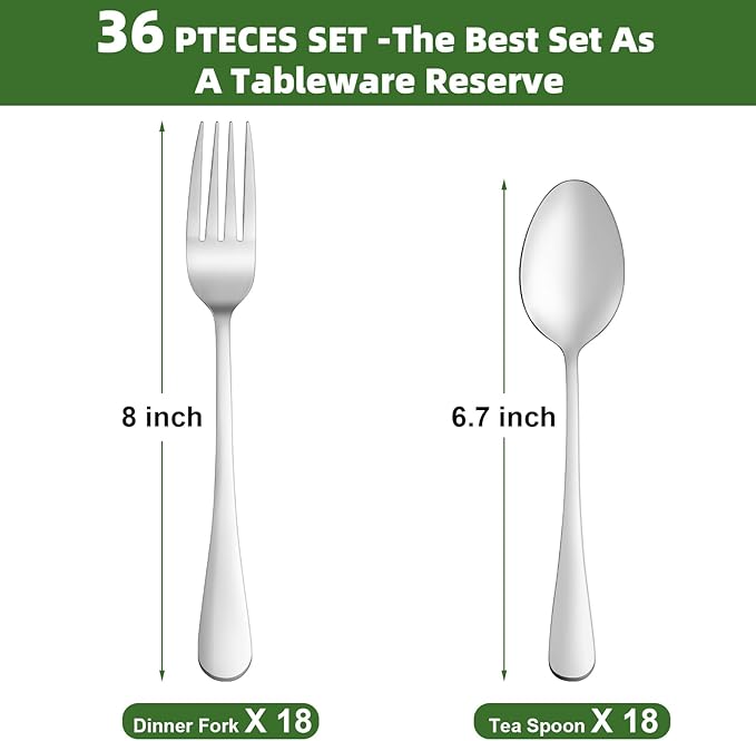 36 Pcs Forks and Spoons Silverware Set, Food Grade Stainless Steel Flatware Cutlery Set for Home, Kitchen and Restaurant, 18 Dinner Fork(8") and 18 Teaspoon(6.7"), Mirror Polished, Dishwasher Safe