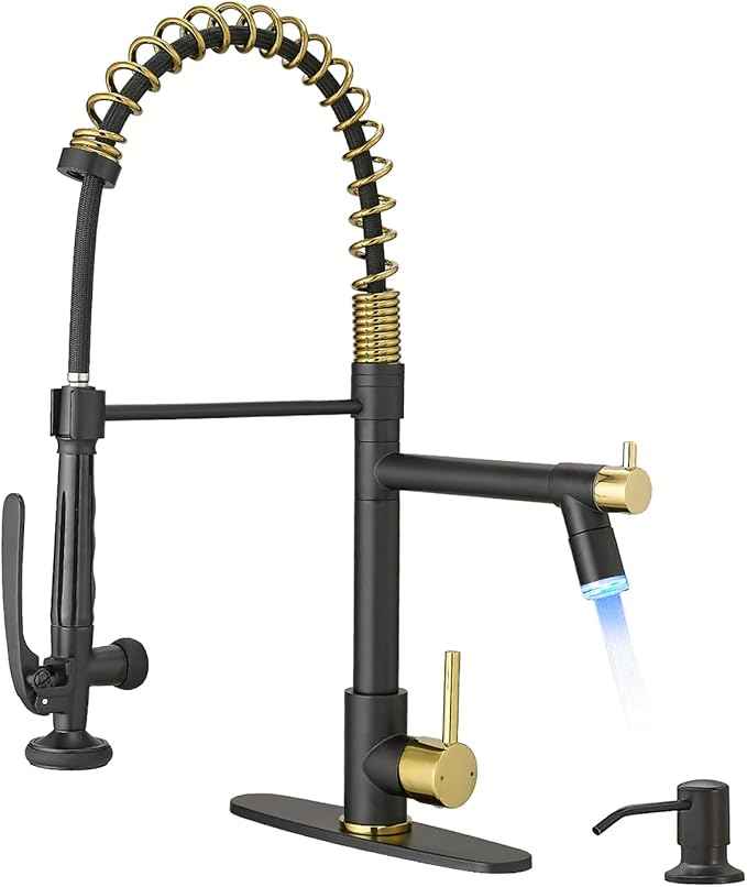 Fapully Commercial Kitchen Faucets with Pull Down Sprayer Matte Black&Gold LED Kitchen Faucet with Soap Dispenser and Deck Plack for 4 Hole, Single Handle Faucet for Kitchen Sink