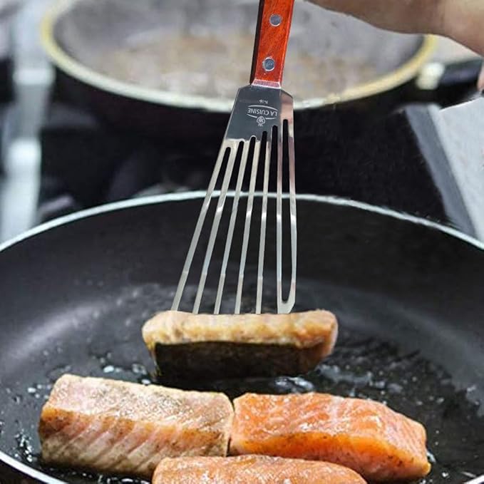 La Cuisine Fish Slotted Spatula Turner with Beveled Edged Stainless Steel, For Flipping Fish Egg Pancake Patties Fries. Blade 6.5", Size 11"
