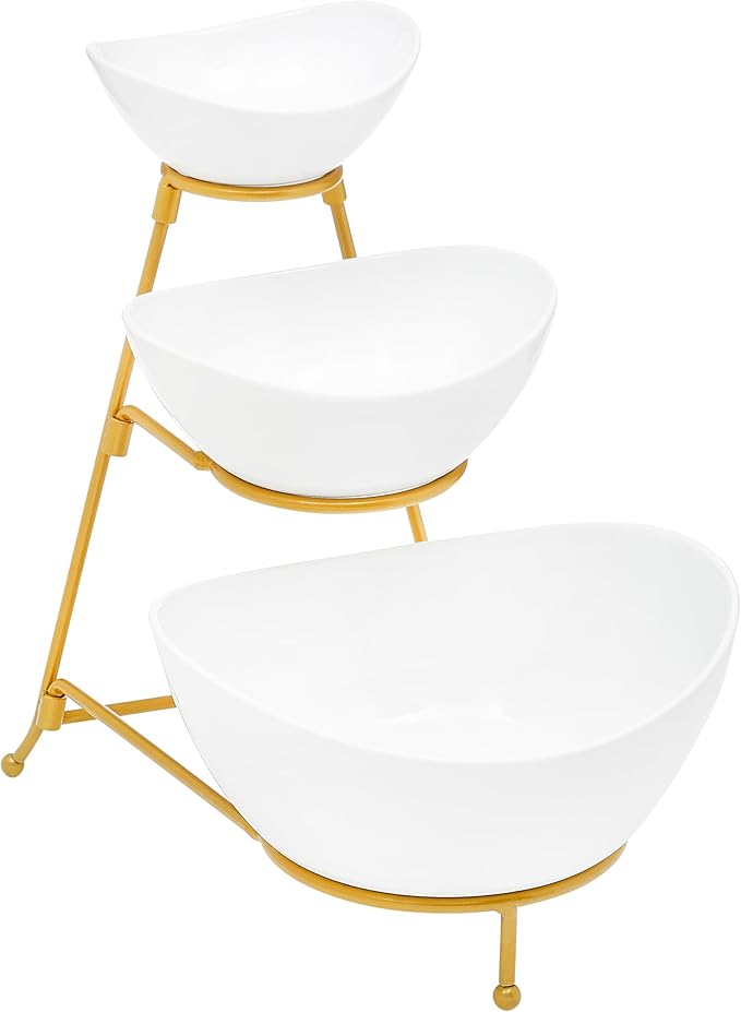 3 Tier Large Serving Bowls Set - Microwave & Dishwasher Safe Stoneware Fruit Bowl with Collapsible Gold Metal Stand - Bowls for Kitchen, Dinner Parties, Desserts, Chip and Dip & Side Dishes (White)