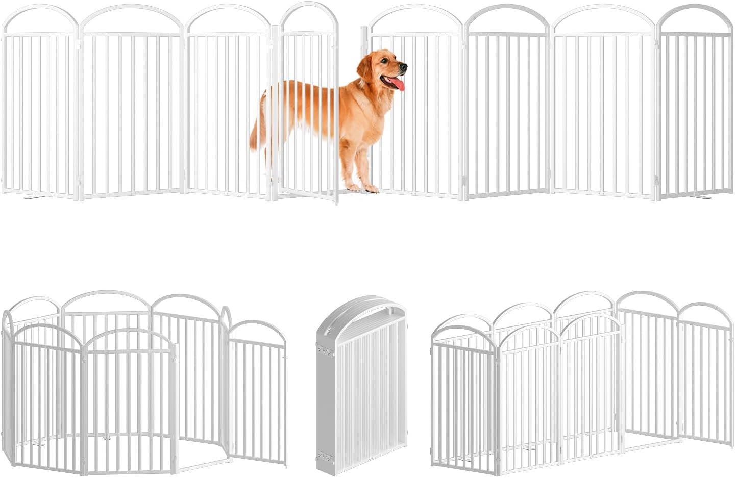 8 Panles Full Matel Freestanding Dog Gates with Door, 192"Extra Wide 36"Tall Free Standing Dog Pet Gate for Indoor & Outdoor. Foldable Pet Fences for Doorways, House, Stairs, Porch, Deck, Yard