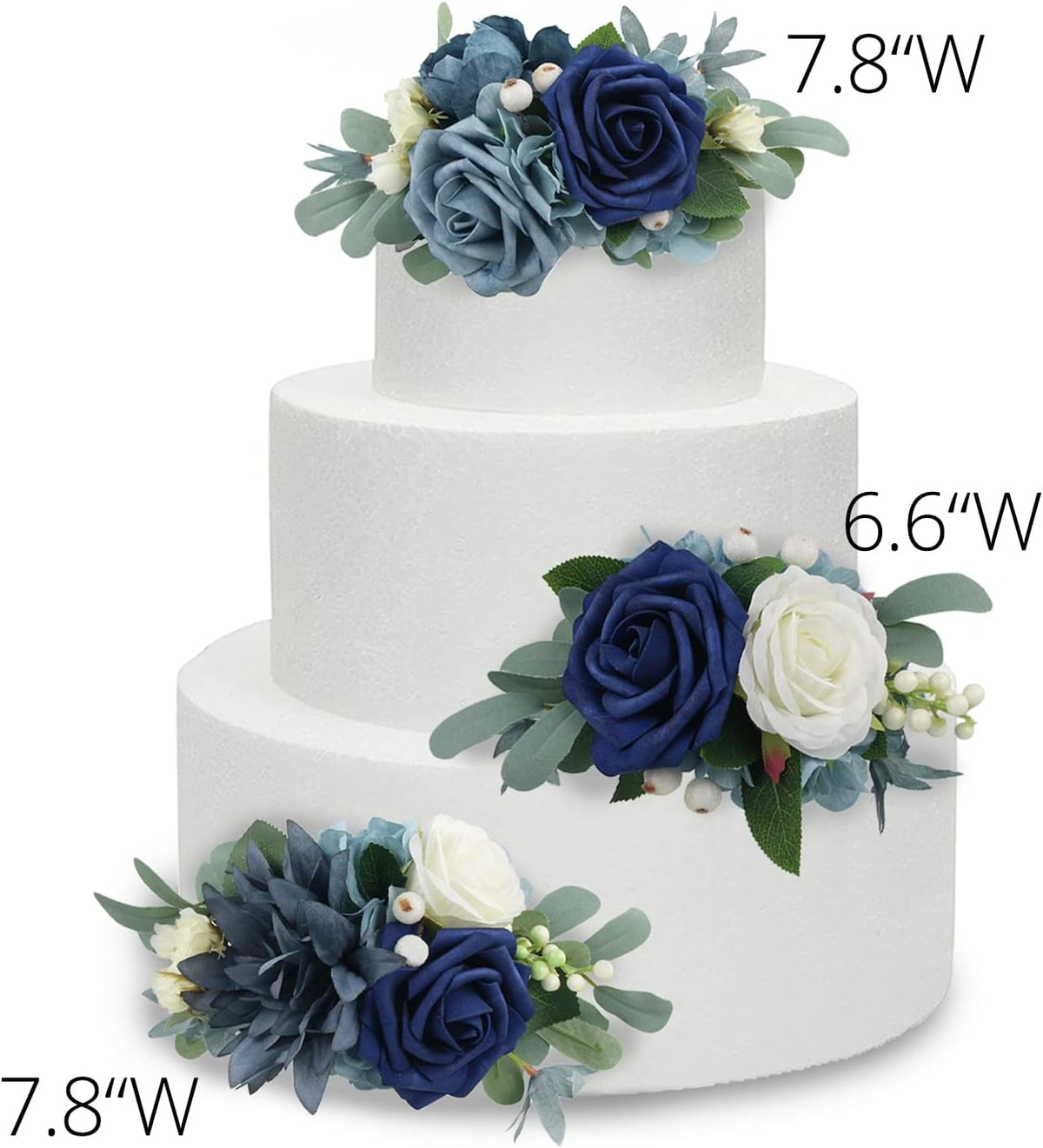 Rinlong 3Pcs Pre-made Cake Toppers Navy Blue Flowers Cake Decorations Wedding Cake Decorating Flowers Decor Birthday Baptism Party Cake Toppers